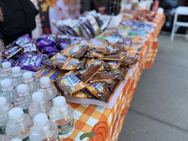 Snacks and water on table